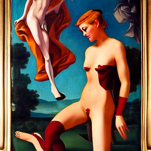 Image similar to a futuristic pin up in renaissance painting style