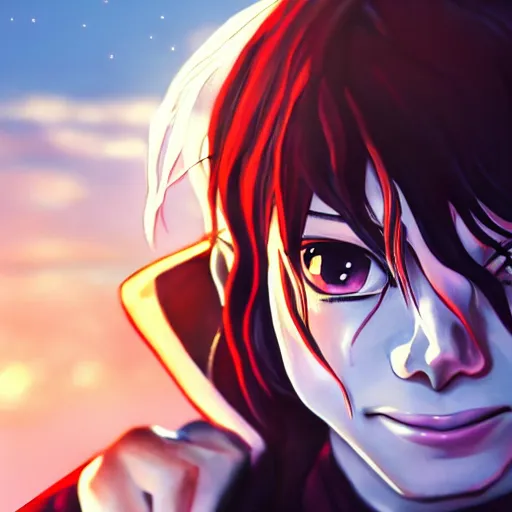 Prompt: michael jackson as an anime protagonist, beautiful anime style, portrait, close - up, cinematic rim lighting, dramatic pose, beautiful sunset, professional, highly detailed, clear, sharp, smug expression, trending on artstation