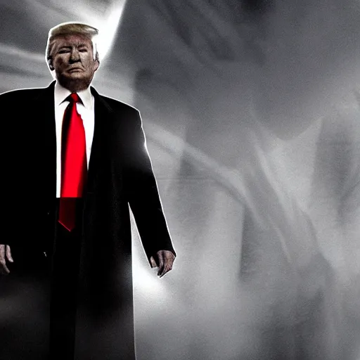 Image similar to still of donald trump as a fat batman. cinematic, god rays through fog