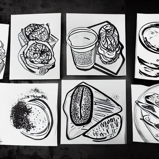 Image similar to marker paintings of street food with off white background in black and white