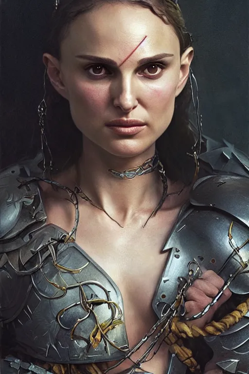 Image similar to natalie portman, legendary warrior, heroic, lord of the rings, tattoos, decorative ornaments, battle armor, by carl spitzweg, ismail inceoglu, vdragan bibin, hans thoma, greg rutkowski, alexandros pyromallis, perfect face, fine details, realistic shading photorealism