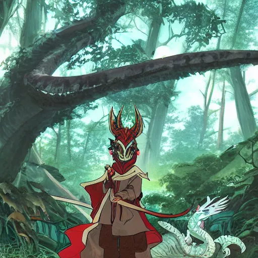 Prompt: concept art painting of an anthropomorphic dragon king with robes, a long dragon neck, and horned skull mask, in a deep forest, anime style, cel shaded, in the style of makoto shinkai and james gurney and studio ghibli and moebius