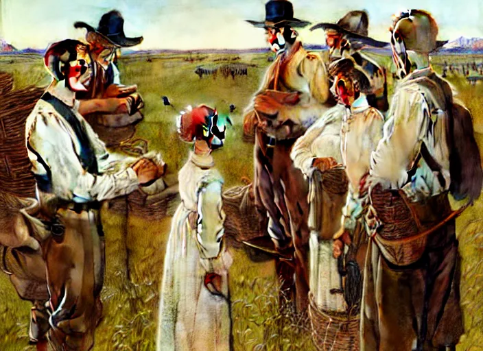 Image similar to mormon pioneers by norman rockwell, highly detailed