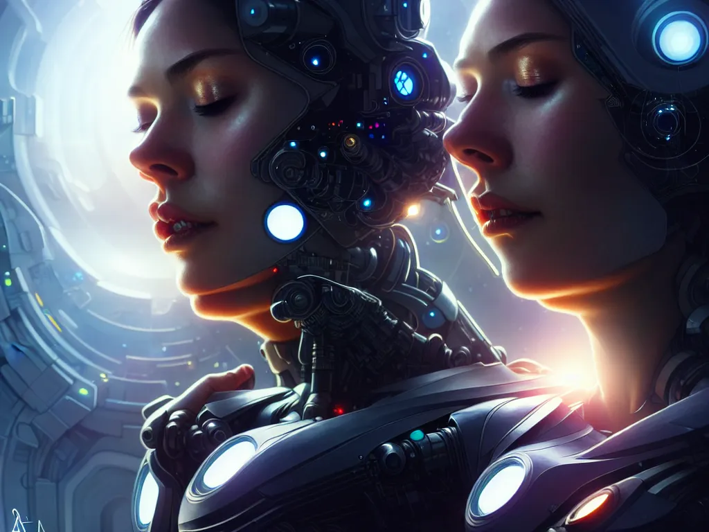 Image similar to ultra realistic, beautiful cyborg woman eyes closed, metahuman, in a space metropolis, cyberpunk, sci-fi, fantasy, intricate details, elegant, highly detailed, digital painting, octane render, concept art, smooth, sharp focus, eerie, illustration, 8k, HD, art by artgerm and greg rutkowski and alphonse mucha