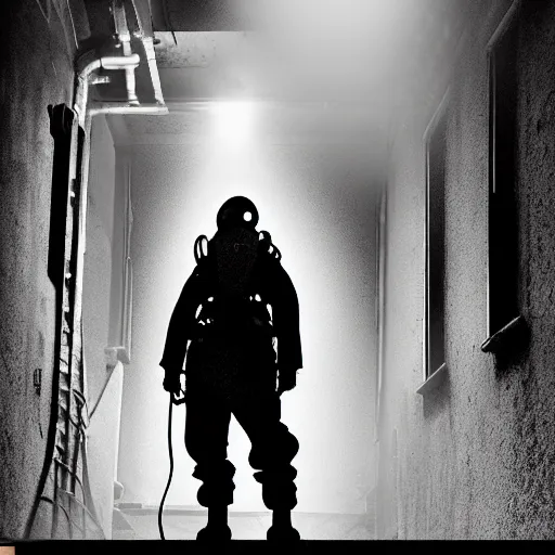 Image similar to A misterious man wearing a gas mask using a flashlight is standing on the midle of a stair alley looking in the direction of the camera :: outside, blue sky visible :: Ruined city with vegetation and trees growing all over the place in the distroyed buildings :: apocalyptic, disolate :: A long shot, low angle, dramatic backlighting, simetric photography, night time, slighty colorful :: cinematic shot, very detailed