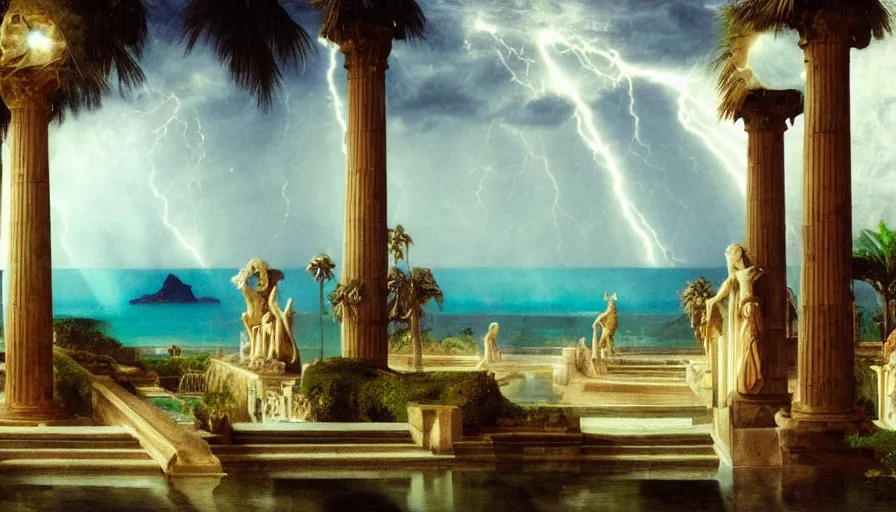 Image similar to Palace of the occult, mediterranean balustrade and columns, refracted sparkles, thunderstorm, greek pool, beach and Tropical vegetation on the background major arcana sky and occult symbols, by paul delaroche, hyperrealistic 4k uhd, award-winning, very detailed paradise