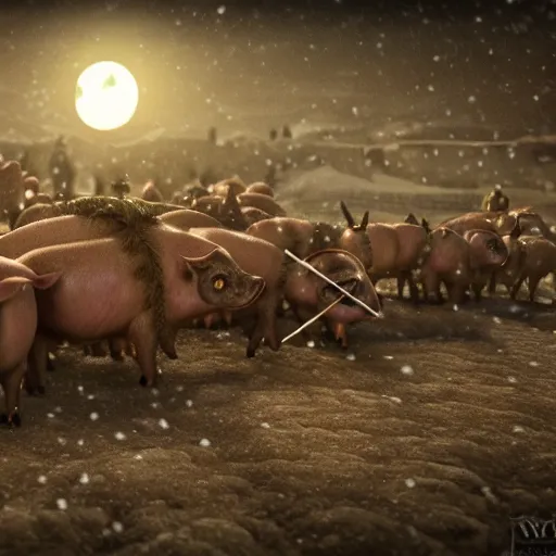 Prompt: the harvesting of 1 0 0 0 pigs by horrible viking men dressed in wolves clothing. in wintertime. in the moonlight. hyper realistic 8 k render.