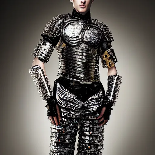 Prompt: a portrait of a beautiful young male wearing an alexander mcqueen armor made of computer circuits , photographed by andrew thomas huang, artistic