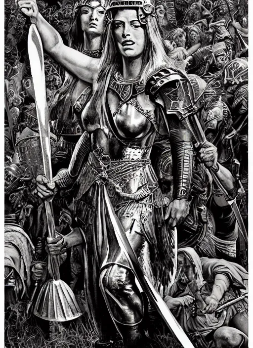 Image similar to warrior queen boudica, pulp art painting in a mixed style of mort kunstler and maxfield parrish, intricate, hyper detailed, stunning inking lines, 4 k, hd, award winning, photorealistic