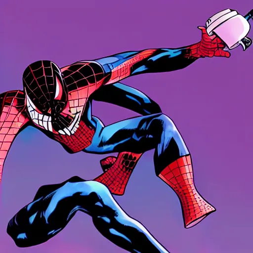 Prompt: the ultimate spiderman drinking tea, vaporwave