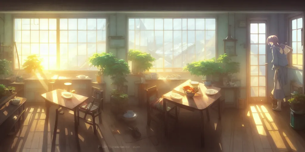 Image similar to interior background art, bright window lit kitchen, morning, steaming food on the stove, wooden floors, houseplants, cottage decor, anime, trending on pixiv fanbox, painted by greg rutkowski makoto shinkai takashi takeuchi studio ghibli, akihiko yoshida