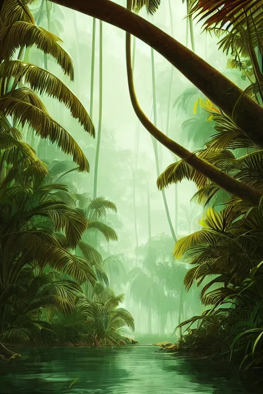 Prompt: a tropical forest near the mangrove of florida everglades, tone mapped, shiny, intricate, cinematic lighting, highly detailed, digital painting, artstation, concept art, smooth, sharp focus, illustration, malika favre