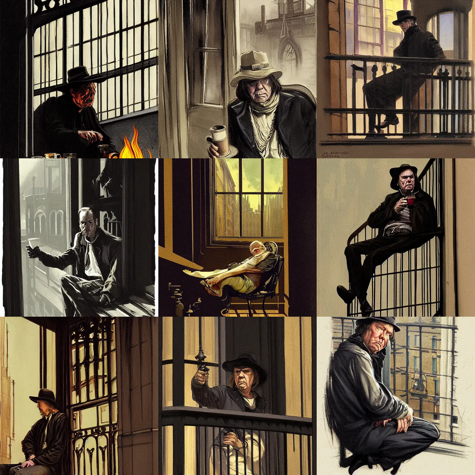 Prompt: character portrait of neil young sitting down on a fire escape drinking coffee in gothic london, gothic, john singer sargent, muted colors, moody colors, illustration, digital illustration, amazing values, art by j. c. leyendecker, joseph christian leyendecker, william - adolphe bouguerea, graphic style, dramatic lighting, gothic lighting