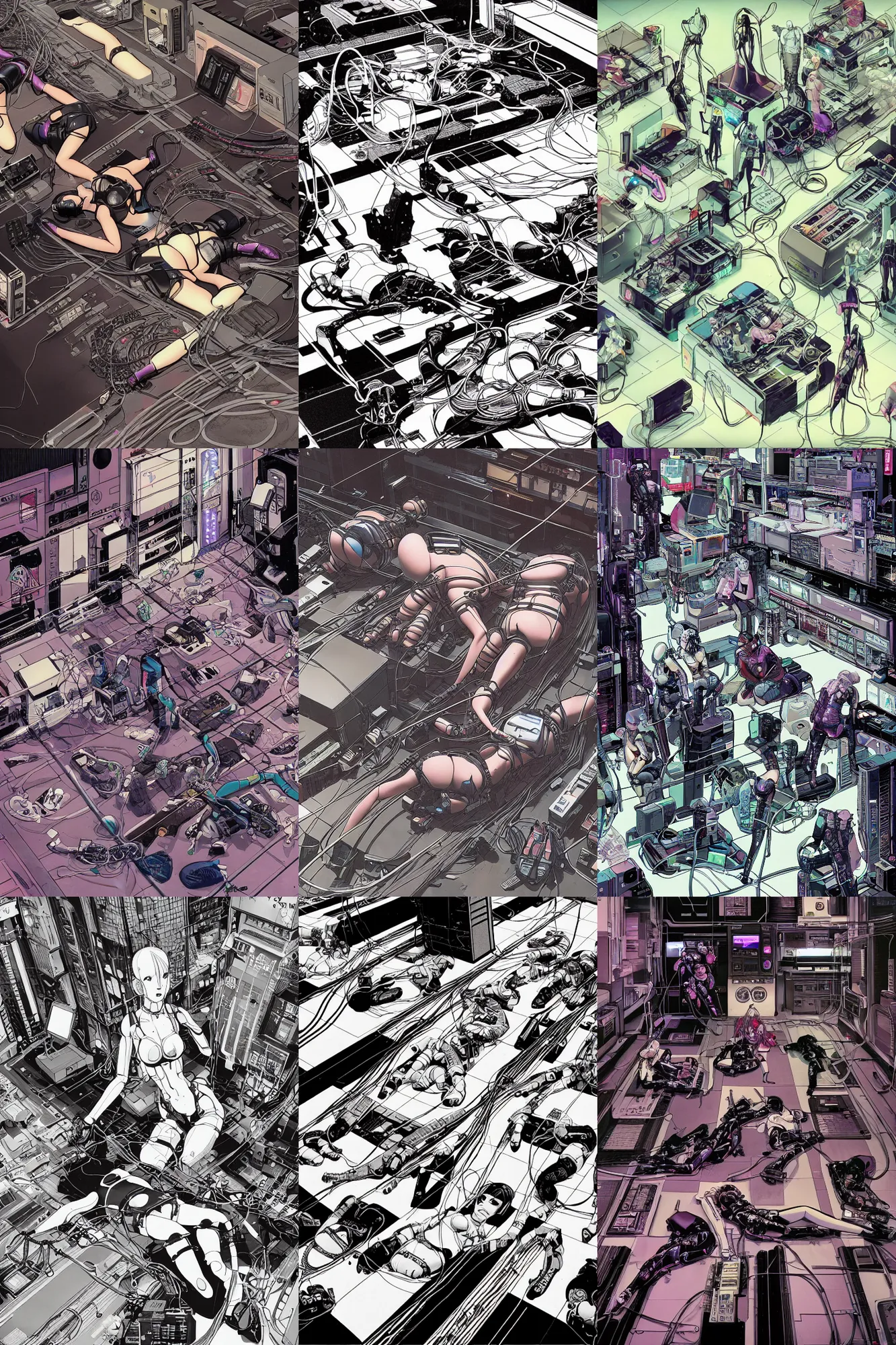 Prompt: a detailed cyberpunk illustration of a group of female androids' bodies lying in various poses over an empty floor, with cables and wires coming out, by masamune shirow and katsuhiro otomo, wide angle