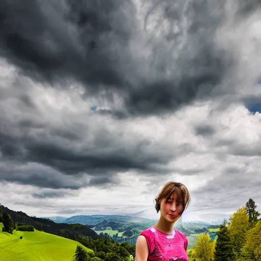 Prompt: a beautiful photograph of a girl with switzerland landscape in the background with trees, hdr, 8 k, high quality, sharp focus, artstation, highly detailed, award - winning, dramatic lighting, beautiful clouds, and nature, digital art