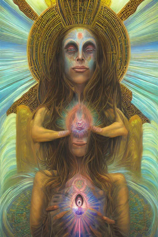 Prompt: transcendental meditation dark ritual rite stigmata cult woman, opening third eye, chakra energy waves resonating from her body, ethereal aura, epic surrealism 8k oil painting, portrait, perspective, high definition, post modernist layering, by Raymond Swanland, Barclay Shaw, Alex Grey