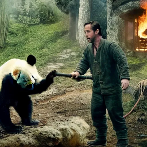 Image similar to Ryan Gosling saves a panda from a fire in the hobbit house, hyper realistic, 4k, 8k, cinematik