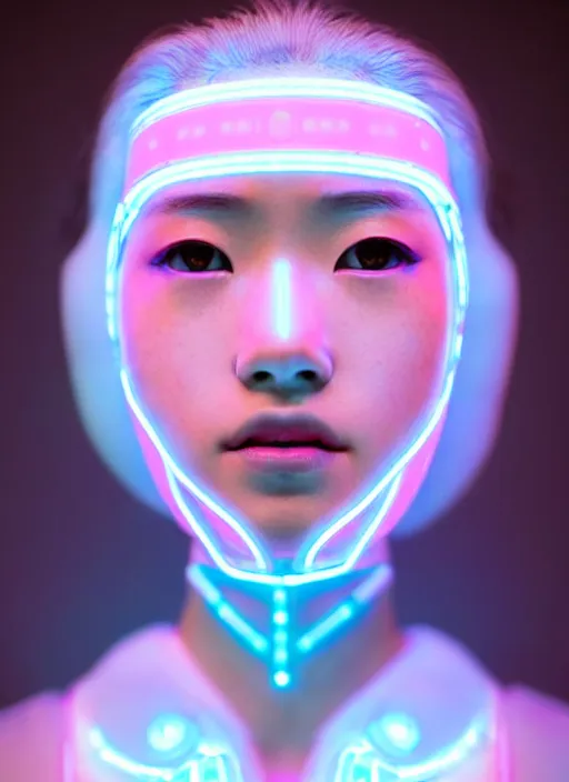 Prompt: japanese female humanoid with freckled cheeks, cyber neon lighting, retro futurism, intricate futuristic led lit jewelry, retro futuristic glossy white latex swimwear, profile posing, hyper photorealistic, crispy quality, digital photography, trending in artstation, trending in pinterest, cinematic, 4 k ultra hd, art by pascal blanche, art by greg rutkowski,