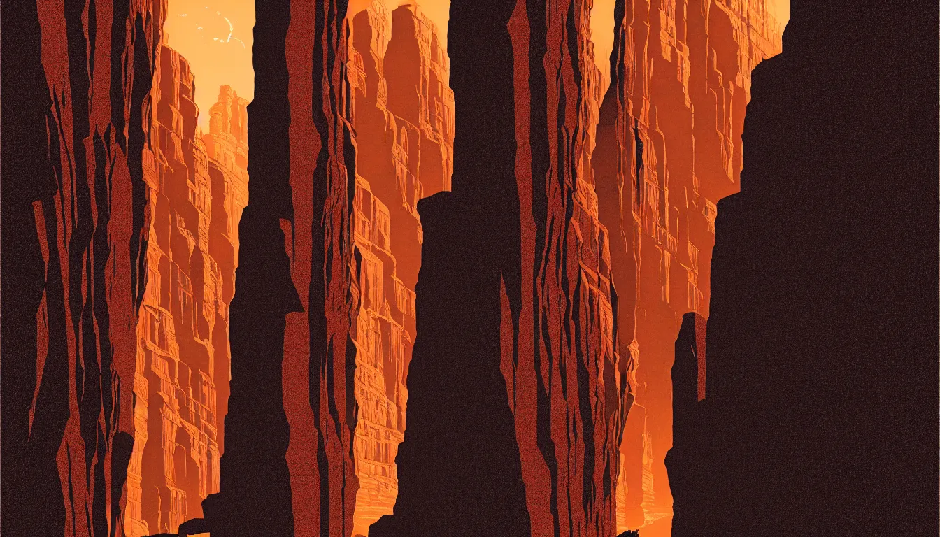 Prompt: slot canyon with light rays by dan mumford and peter doig and edward hopper, symmetrical, minimal, black ink, thick lines highly detailed, muted colours 8 k