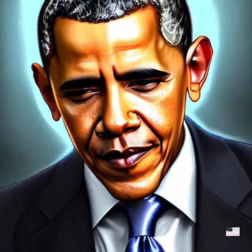 Image similar to Barack Obama's face combined with Donald Trump's face with short dark blue hair in elegant knight's armor, western, D&D, fantasy, intricate, elegant, highly detailed, digital painting, artstation, concept art, matte, sharp focus, illustration, art by Artgerm and Greg Rutkowski and Alphonse Mucha