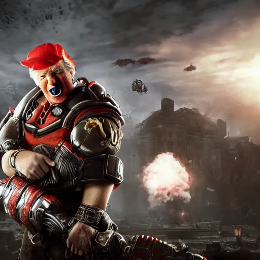 Prompt: donald trump as a clown in gears of war, splash art, movie still, cinematic lighting, ray tracing, detailed face, octane render, long lens, shallow depth of field, bokeh, anamorphic lens flare, 8 k, hyper detailed, 3 5 mm film grain