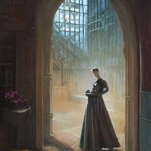 Image similar to detailed face of an intelligent cloaked scholarly woman with kind eyes in a architectonic victorian courtyard at a science expo, atmospheric, ambient, pj crook, syd mead, livia prima, artgerm, greg rutkowski, nick alm, casey baugh