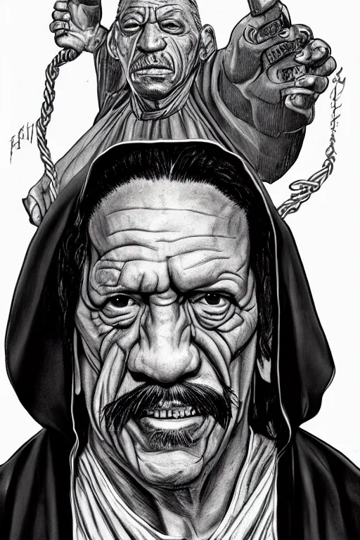 Image similar to portrait of Danny Trejo as church nun, highly detailed, artstation, manga illustration by Kentaro Miura berserk