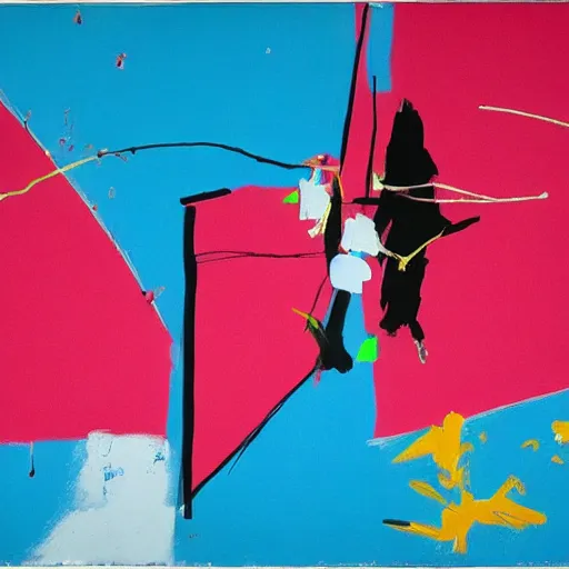 Prompt: by robert motherwell, by li wei street art. a beautiful performance art of a space battle with wild, bright colors.