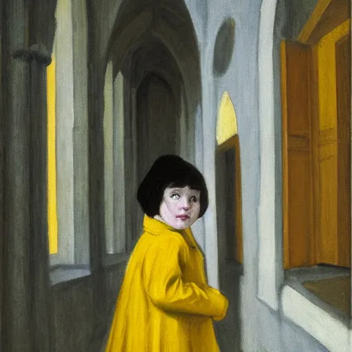 Image similar to a painting of a little girl with short black hair and wearing a yellow coat alone in the middle of a cloister in an abbey by hopper