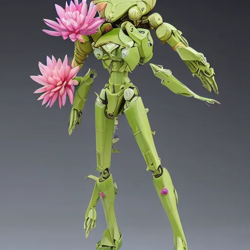 Image similar to futuristic nymphaea themed mecha waterlily upper body four arms vines, flower sepals forming helmet, evangelion, nymphaea, 8 k hd resolution, barbatos gundam with floral inlay, bandai box art, star wars, makoto kobayashi, frank gehry, raymond swanland