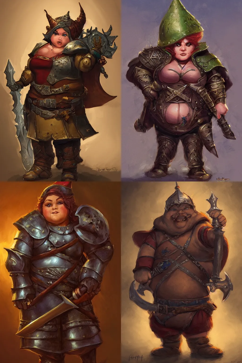 Prompt: chubby gnome woman wearing leather armor with sword and shield, small stature, short size, DnD character art portrait, DeviantArt Artstation, by ralph horsley, loish, hyperdetaield, cinematic lighting