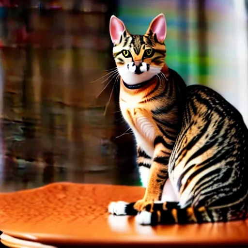 Image similar to a realistic photo of a tabby cat, sitting on a table,