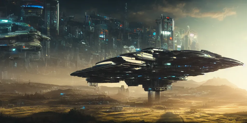 Prompt: cyberpunk spaceship hovering over fields and small houses, science fiction digital art, award winning, trending on artstation, digital art. highly detailed 8 k. intricate. lifelike.