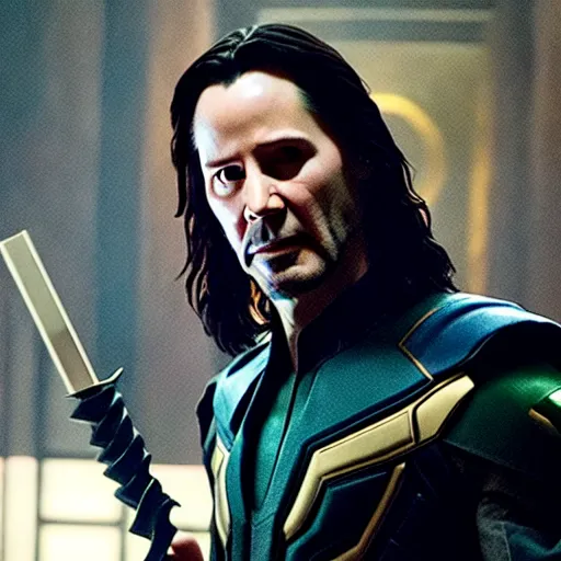 Image similar to film still of Keanu Reeves as Loki holding scepter in Avengers Endgame