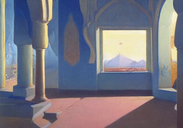 Image similar to a detailed oil painting of a arabian french large ball room, pillar, ominous,, curtains, by nicholas roerich, by gustave moreau, by frank frazetta, by hans emmenegger, by bruce pennington, by eyvind earle, moisture, grainy, highly detailed, realistic, outline, line,