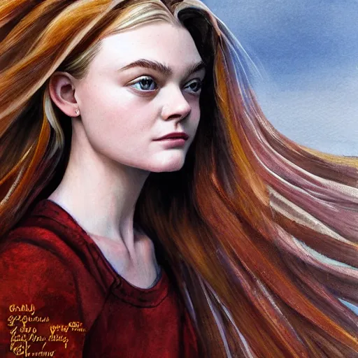 Image similar to professional painting of Elle Fanning in the style of Kingdom Come by Mark Waid, head and shoulders portrait, symmetrical facial features, smooth, sharp focus, illustration, intricate, stormy weather, extremely detailed masterpiece,