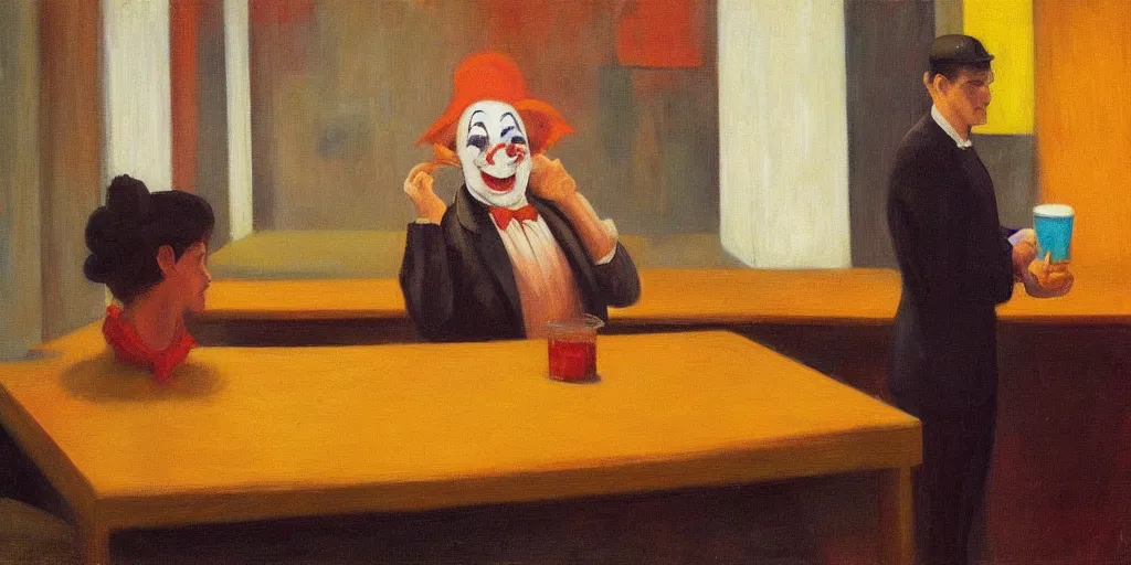 Prompt: a miserable clown, drinking a smoothie in an empty bar, oil painting by edward hopper