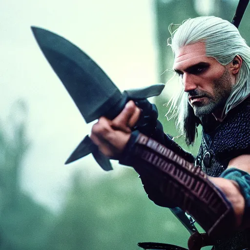 Image similar to Geralt in battle, cinestill 800t 50mm, photography