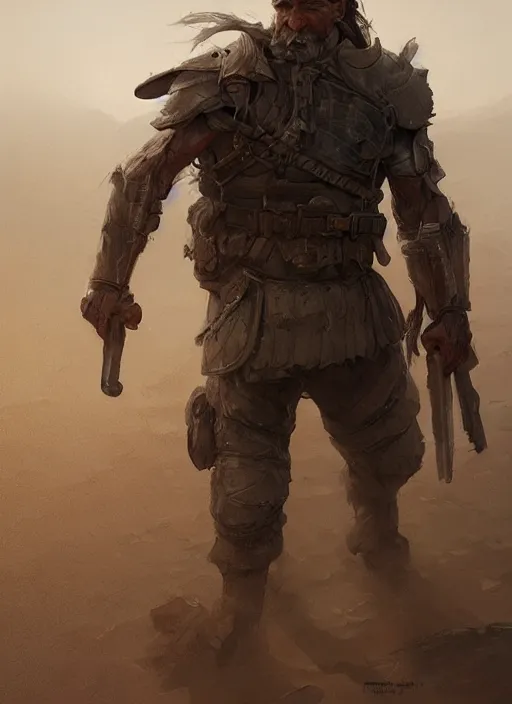 Image similar to detailed concept illustration, strong muscular older soldier roaming through desert, sharp focus, illustration, highly detailed, digital painting, concept art, matte, art by wlop and artgerm and greg rutkowski, masterpiece