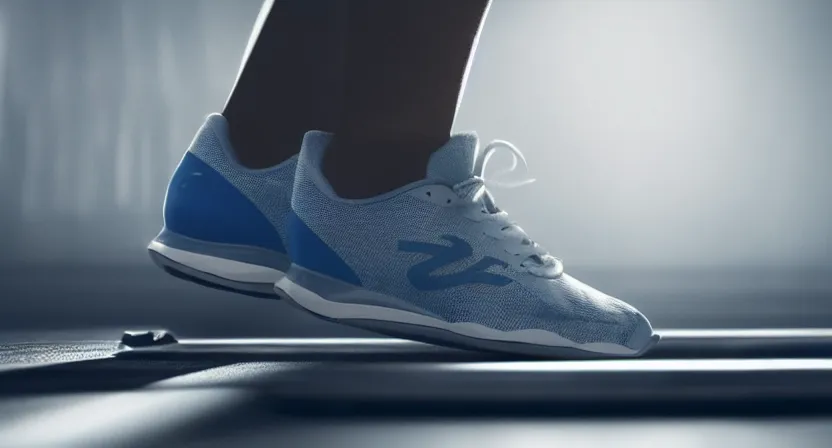 Image similar to close up on old running shoes running on a treadmill. cinematic lighting. moody. sci fi. realistic concept art illustration. blue grey tones.