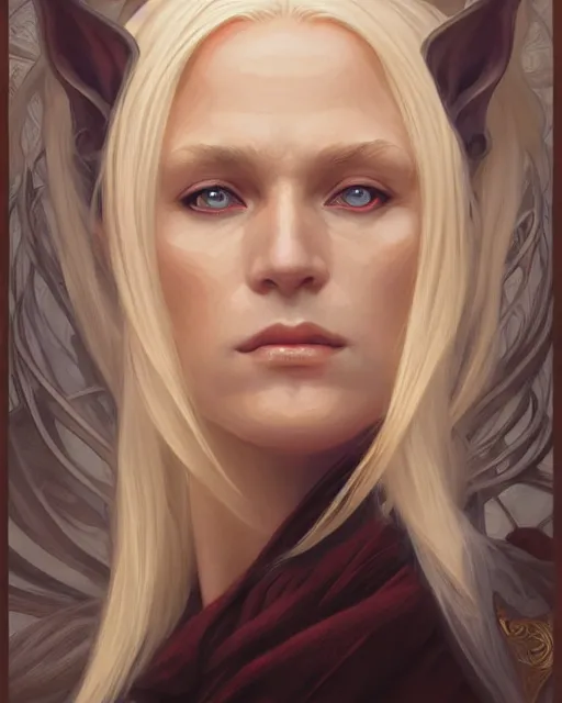 Image similar to portrait of an old blonde elven mage, dark, piercing eyes, gentle expression, elegant clothing, photorealistic, highly detailed, artstation, smooth, sharp focus, art by michael whelan, artgerm, greg rutkowski and alphonse mucha