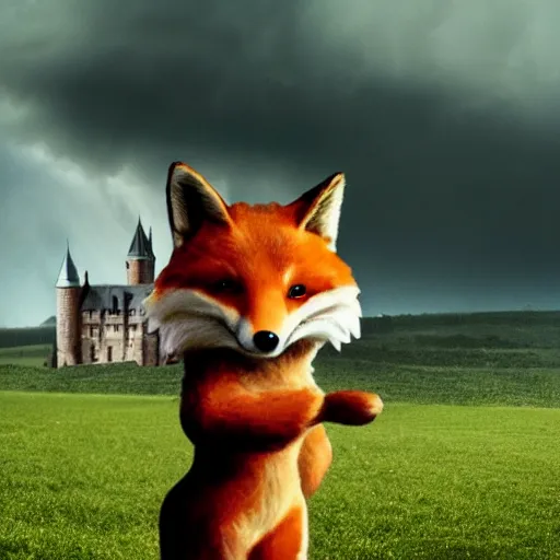 Image similar to anthropomorphic fox!! who is a medieval knight holding a swo - rd towards a stormy thundercloud [ 1 9 3 0 s film still ], ( castle in the background )