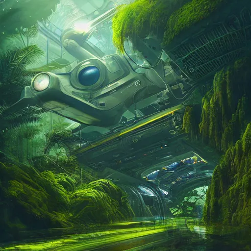 Image similar to legendary space ship, jungle planet, tropical, green forest, alien technology, cinematic, highly detailed, large blue engines, scifi, yellow windows and details, hyper realism, intricate digital painting, mechanics, red glow, gigantic landing pad, scifi base, artstation, by johnson ting, jama jurabaev