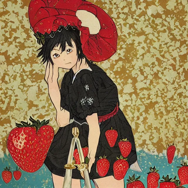 Image similar to the lone maid in the strawberry ice hills. gouache and gold leaf by the award - winning mangaka