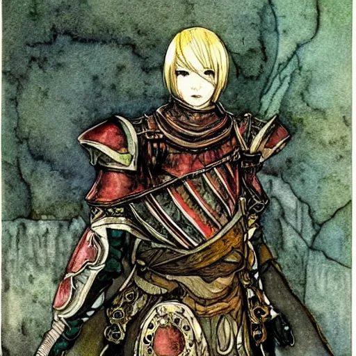 Image similar to watercolor, final fantasy tactics character, wearing plate armor, wearing helmet, faceless, shrouded, artwork by harry clarke, artwork by Clyde Caldwell