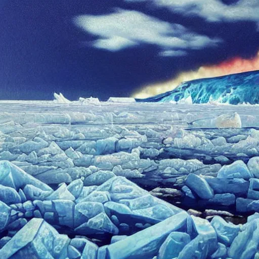 Image similar to horrific painting of an ice floe meeting magma!!!!!! in the middle, in the style of vintage photography, textured, skewed perspective, last photo ever taken, apocalyptic event, red color palette on left side and blue color palette on right side