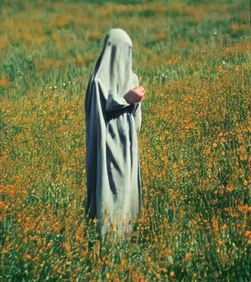 Image similar to tall hooded shadow person figure standing in beautiful meadow of flowers, film photo from 1970s, grainy, high detail, high resolution