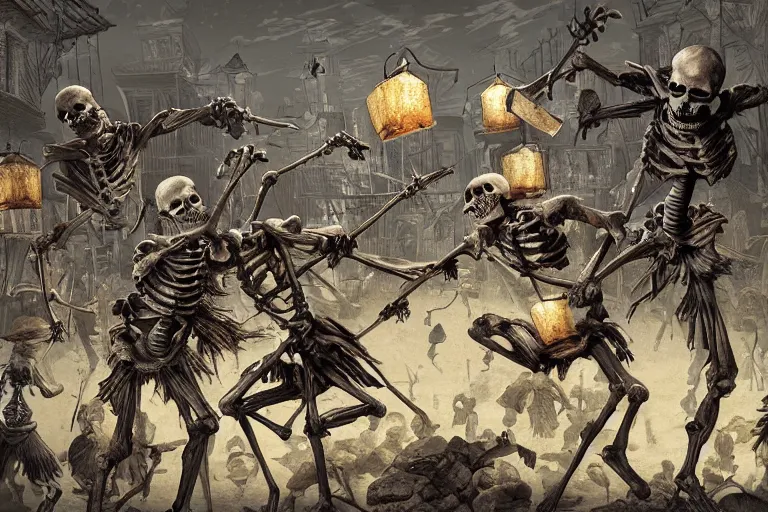 Prompt: skeletons and corpses fighting each other, lanterns, village, dark night, highly detailed digital art, photorealistic