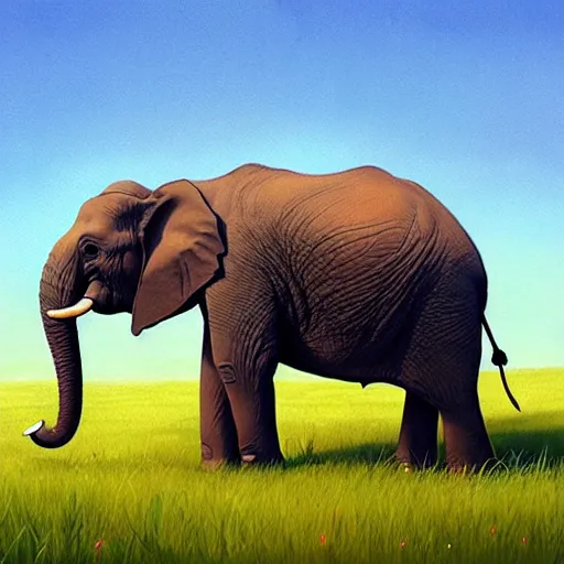 Prompt: an elephant on a green meadow ilustration art by Goro Fujita, ArtStation