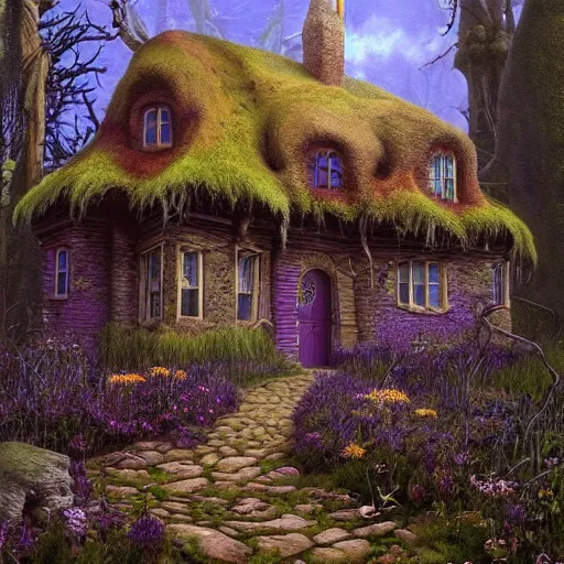 Image similar to hyper realistic homely ornate modern witch cottage distant down a path in the purple swamp gorgeous lighting, blue sky, highly detailed, lush forest by zdzisław beksinski and norman rockwell and greg rutkowskiweta studio, and lucasfilm